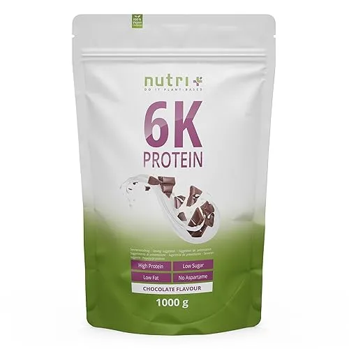 nutri+ Proteinpulver 6K - Veganes Eiweißpulver mit Schokoladengeschmack - Veganes Proteinpulver für Sportler, enthält hochwertige Pflanzenproteine und ist perfekt zur Muskelregeneration nach dem Training.