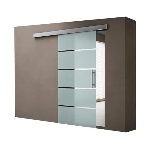 doporro Glasschiebetür Komplettset 90 x 215 cm | ESG-Sicherheitsglas - Schiebetüren aus 8mm ESG-Sicherheitsglas mit 5 Milchglas-Streifen und edlem Stangengriff. Ideal für stilvolle Raumtrennungen und optimale Lichtdurchlässigkeit.