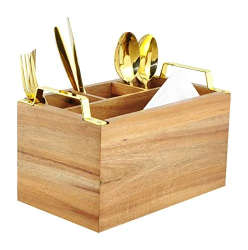 Spiretro Besteckkorb, Besteck-Utensilienhalter, Besteck-Organizer, Besteck-Organizer für Küche, Esszimmer, Unterhaltung, Picknick, 4 Fächer, massives Akazienholz mit goldenem Metallgriff, Braun