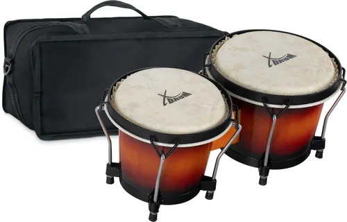 XDrum Bongos Club Vintage Sunburst Set - Percussion-Set mit hochwertigen Naturfellen und professionellem Stimmsystem, inkl. gepolsterter Bongotasche für optimalen Transport und Schutz.