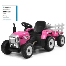 COSTWAY 12V 3-Gang Traktor mit Anhänger - Rosa - Elektrofahrzeuge für Kinder ab 3 Jahren, bietet eine realistische Fahrerfahrung mit sanfter Start-Technologie und abnehmbarem Anhänger für zusätzlichen Spielspaß.