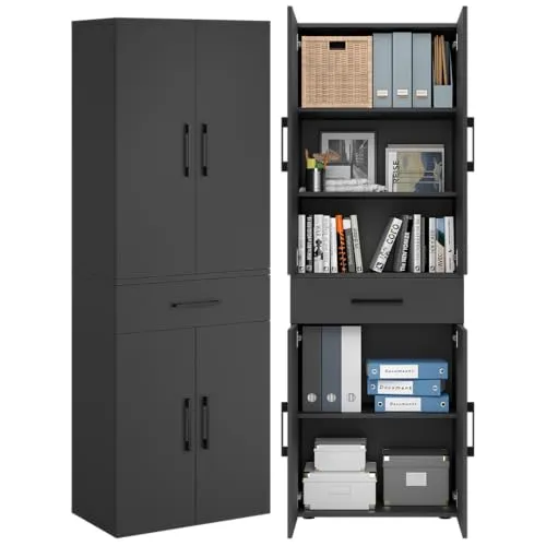 Bellamio Apol Mehrzweckschrank Anthrazit – Aktenschrank 60 cm breit – Hochschrank aus Holz – Aufbewahrungsschrank mit 5 Fächern & 1 Schublade – Büroschrank, Flurschrank, Allzweckschrank, Schuhschrank