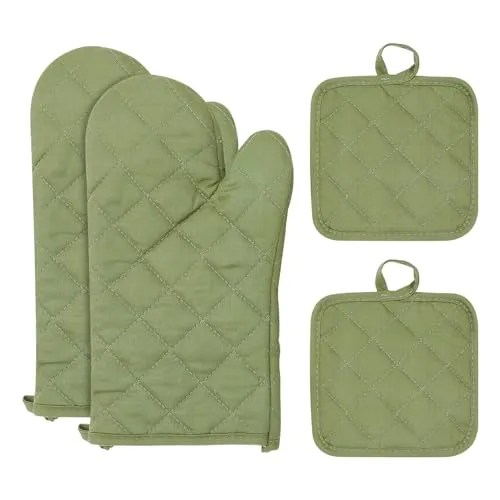 Produktbild Stück Ofenhandschuhe und Topflappen-Sets für die Küche, Extra Lange Ofenhandschuhe, Weiche Baumwolle, Hitzebeständige und rutschfeste Backhandschuhe, Heiße Pads zum Backen,Kochen (Armeegrün) 4