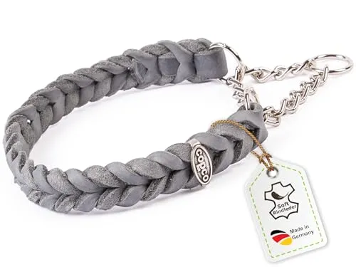 CopcoPet Fettleder Halsband 55–60cm x 25mm Grau – Geflochten mit Zugstopp-Kette – Robust & weich – Verchromte Kette – Lederhalsband für große Hunde, Training & Alltag
