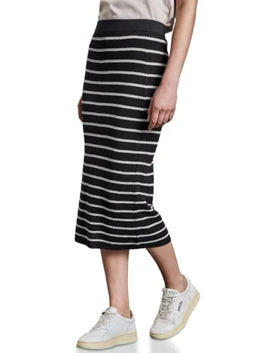 STREET ONE Damen A361665 Gestreifter Midi-Rock, Deep Tint Blue, 36W EU - Röcke für Damen mit elastischem Bund und Streifenmuster, gefertigt aus einem soften Viskosemix für hohen Tragekomfort.