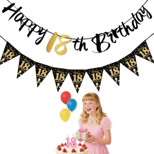 Deko 18. Geburtstag Junge Mädchen,18 Geburtstag Deko,Happy 18 Birthday Girlande Banner Wimpelkette,Geburtstagsdeko Schwarz Gold,Geburtstagsbanner Wimpelgirlande Aufhängen für Hintergrund Partydeko