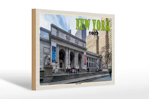 Holzschild Reise 30x20 cm New York USA Public Library Bibliothek wooden sign