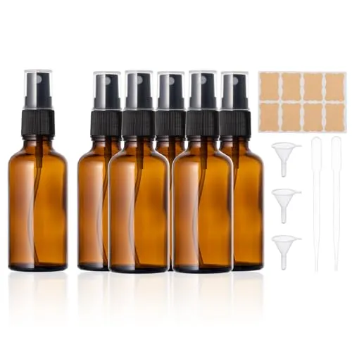 Produktbild Kiperline 6 Stück Sprühflasche Glas Leer, 50ml Kleine Braunglas Sprühflaschen zum Befüllen mit Trichter Pipetten und Etiketten Für ätherische Öle, Parfüm