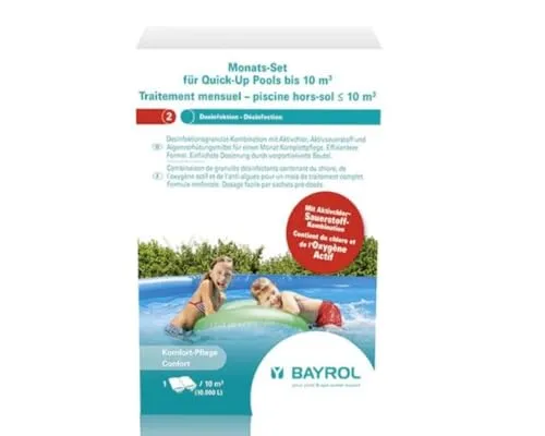 BAYROL Monats-Set für Quick-Up Pool bis 10 m3 - Praktisches Monats-Set für Quick-Up Pools bis 10 m3, enthält Desinfektionsgranulat-Kombination mit Chlor, Aktivsauerstoff und Algenverhütung in vorportionierten Beuteln.