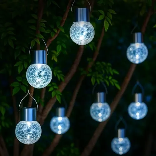 Lumiled 6x Set Solar Kristallglas Hängende LED Garten Glas Pendelleuchte Kugel Dämmerungssensor Risslicht für Party Hochzeit Bar Pavillon Terrasse Zaun Balkon IP44 6500K