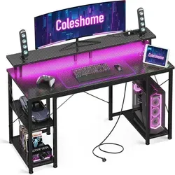 Coleshome Gaming Tisch LED-Beleuchtung 2 Steckdosen USB Schwarz 120x50cm - Schwarz
