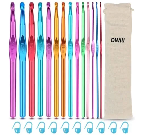 OWill 24 Stück häkelnadel set,14 Größen 2mm-10mm Häkelnadel aus bunt Aluminium mit 10 Markierungsnadel,Ergonomische häkelnadeln Crochet Set für Anfänger und arthritische, lila
