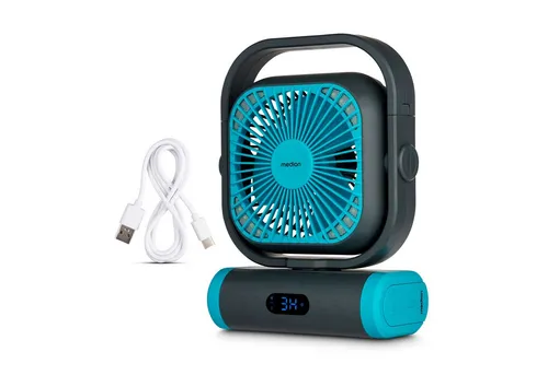 MEDION Tischventilator E10 TF - Kompakter Campingventilator mit Fernbedienung - Tischventilator für Camping & Zuhause mit 5 Geschwindigkeitsstufen, 110° Oszillation und 10.000 mAh Akku – ideal für mobile Nutzung und als Powerbank.