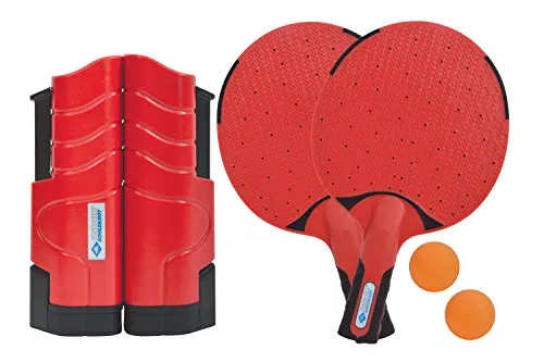 Donic-Schildkröt Tischtennis-Set Outdoor Flex - Tischtennisset mit 2 wasserfesten Kunststoffschlägern, 2 Bällen und ausziehbarem Netz, ideal für Outdoor-Spaß bei jedem Wetter, praktisch verpackt in wiederverschließbarer Dose.