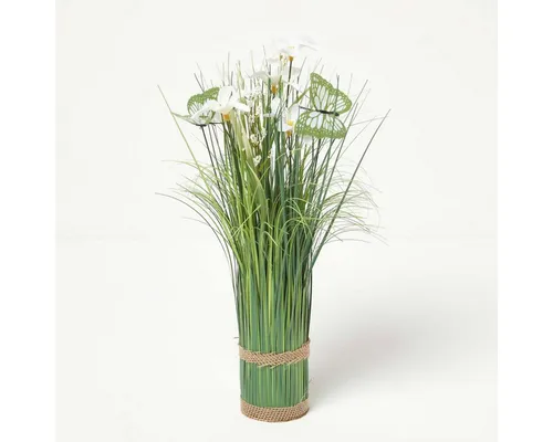Kunstpflanze Kunstgras-Deko mit Schmetterlingen und Blüten, 35 cm groß, creme, Homescapes, Höhe 35 cm