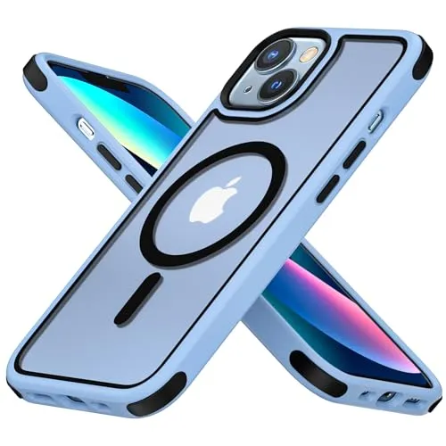 MobNano Hybrid Magnetisch Durchsichtig Hülle für iPhone 13/14 [Kompatibel mit MagSafe] Stoßfest Bumper Transparent Starke Magnet Handyhülle Silicone iPhone 13 14 Case - Sierra Blau/Schwarz