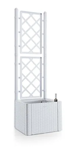 Rankgitter mit Pflanzkasten im modernen Rattan-Design - Stylisches Rankgitter aus robustem Kunststoff im hellen Weiß, ideal für Garten, Terrasse und Balkon. Inkl. Wasserstandsanzeige und Bewässerungssystem für gesunde Pflanzen.