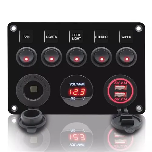 Geloo 5 Gang Schalter Panel mit USB-Ladegerät - Kippschalter Panel für Auto, Boot und RV mit IP65 Wasserschutz, 5 LED Kippschaltern und dualem USB-Ladegerät für effizientes Laden unterwegs.