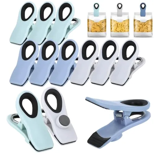 com-four® 12x Verschlussklammern für Tüten - Tüten-Clips zum Verschließen und Frischhalten - Beutelclips aus Kunststoff - Verschlussklemmen mit kleinem Magnet (12 Stück - grau + blau + mint)