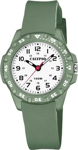CALYPSO WATCHES Quarzuhr Junior Collection K5821/2 - Wasserdichte Kinderuhr - Armbanduhren für Kinder, bis 10 bar wasserdicht und ideal als Geschenk, mit olivgrünem Gehäuse und Zifferblatt in Weiß.