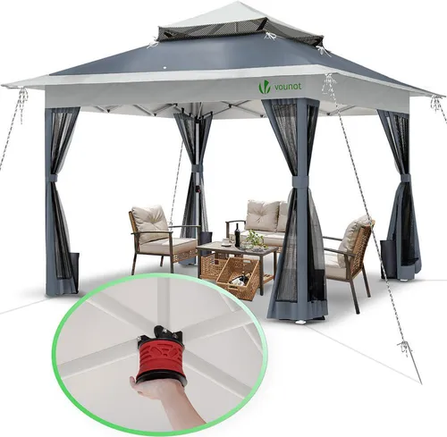 VOUNOT® Pavillon Faltbar 3.6x3.6m, UV Schutz 50+ & Wasserdicht & Stabil, Pop Up Faltpavillon mit 4 Seitenteilen/Moskitonetz, Gartenzelt Partyzelt Gartenpavillon mit 4 Gewichte, Tasche, Grau