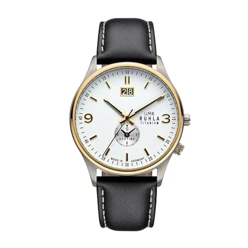 UMR RUHLA Armbanduhr für Herren - Titan & Lederarmband, Made in Germany - Armbanduhren für Herren, quarzgesteuert mit Big-Date-Anzeige und 2. Zeitzone, wasserdicht bis 5 bar für Alltagstauglichkeit und eleganten Tragekomfort.
