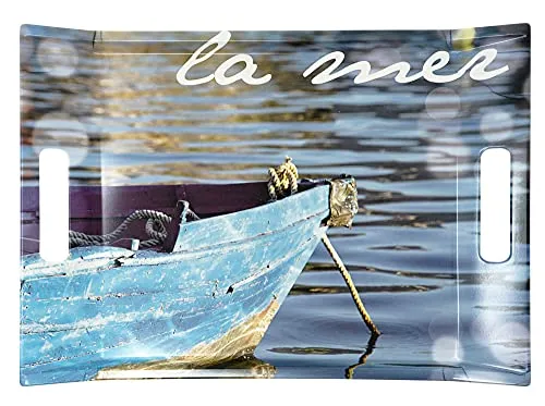 Lashuma rechteckiges Dekotablett 38x27 cm, Melamintablett mit Griffen blau Motiv: Meer