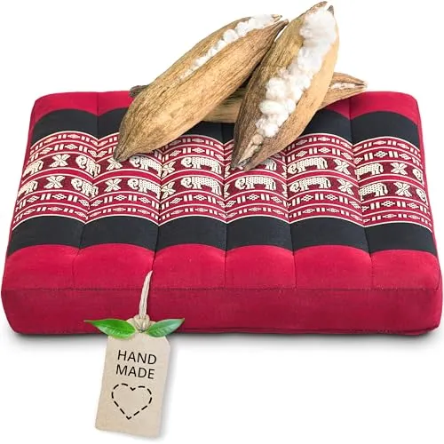 livasia Sitzkissen klein - 35x35x6cm - Bodenkissen Indoor/Outdoor, Meditationskissen Yogakissen, Stuhlauflage Palettenmöbel, Steppkissen Auflage Stuhl Bank handgefertigt (Rot/Elefanten)