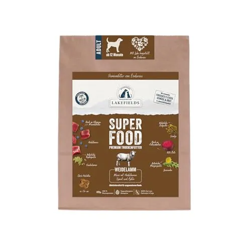Lakefields SUPERFOOD | Premium Hundefutter trocken | 61% Lamm | 1kg | Getreidefreies Trockenfutter für ausgewachsene Hunde | Mit Leinsamen, Heidelbeeren & Roter Beete | Von Tierärzten entwickelt