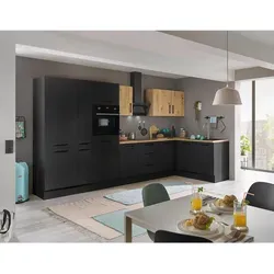 Küchenblock mit E-Geräten CORNWALL IV - Küchenzeilen mit Backofen, Geschirrspüler und Kühlschrank – ideale Lösung für effiziente und moderne Küchen in braunem Design.
