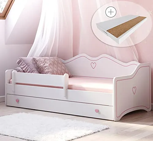 Kids Collective Kinderbett Mädchen 80x160 cm mit Matratze & Rausfallschutz - Vielseitiges Kinderbett mit praktischer Schublade für Ordnung, inklusive hochwertiger Matratze für sicheren Schlaf. Ideal als Bett und Couch für kleine Prinzessinnen.