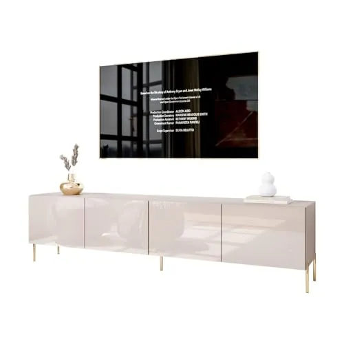 Lookway Moderner wandhängender TV-Schrank in Kaschmir Hochglanz, optional mit LED-Beleuchtung auf geraden Boho-Beinen – COLGANTE 200 cm (ohne LED Beleuchtung, Beine: Gold Chrom)