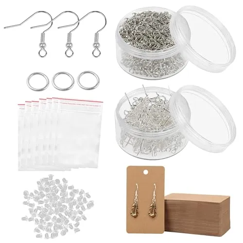 HANDI STITCH Schmuck Selber Machen Ohrringe Selber Machen Set mit Ösen, Haken, Ohrring Stecker Verschluss, Kärtchen und Tüten (900-Teilig) – Ohrring Rohlinge Schmuck Set DIY, Schmuck Reparatur Set