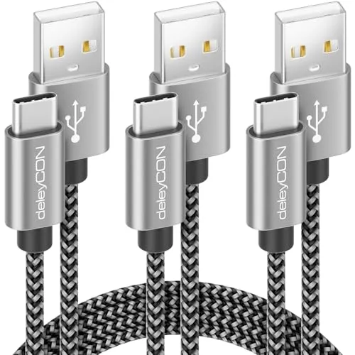 deleyCON USB-C Kabel SET (3 Stück - 0,5m 1m 2m) Nylon Ladekabel Datenkabel USB Typ C Metallstecker Laden & Synchronisieren von Handy & Smartphone
