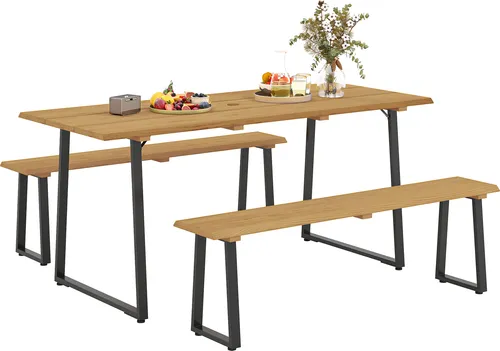 Outsunny 3-teiliges Holz Essgruppen-Set für 6 Personen - Esssets für die Terrasse: Robustes 3-teiliges Set mit großem Tisch und 2 Bänken, ideal für Gartenversammlungen, inklusive Schirmloch für angenehmes Speisen im Freien.