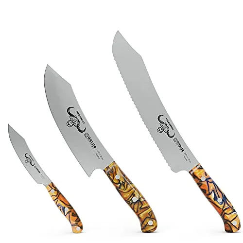 Giesser seit 1776 - Made in Germany - PremiumCut, Spicy Orange, Messerset 3 teilig, Kochmesser 20 cm, Brotmesser 25 cm, Officemesser 10 cm, Acryl, exotisch, rostfrei, Grillmesserset