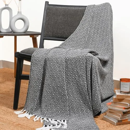 RAJRANG BRINGING RAJASTHAN TO YOU Schwarze Überwurfdecke, gewebt, rustikal, rustikal, 100% Baumwolle, Luxus-Qualität, Überwurf für Sofa, Couch, Bett, Mini-Diamant, 127 x 152 cm