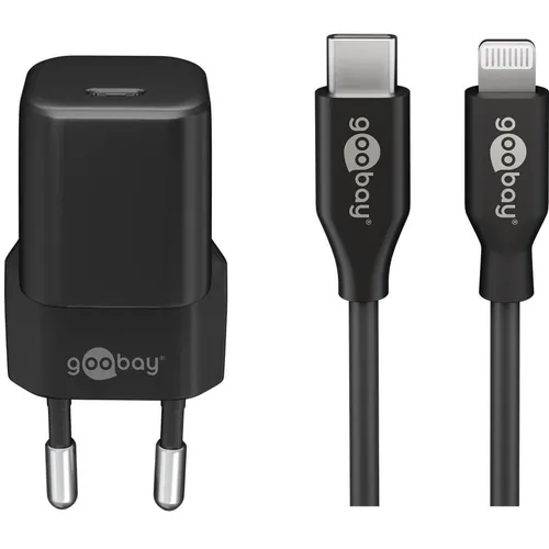 GOOBAY 61083 - USB PD-Ladegerät 20W mit Lightning-Kabel - Ladegerät für USB-Geräte, 20 W und 3 A, inkl. 1 m Lightning-Kabel, ideal für schnelles Laden von iPhone, iPad und AirPods. Kompakt und reisefreundlich, auch für den Auslandseinsatz geeignet.