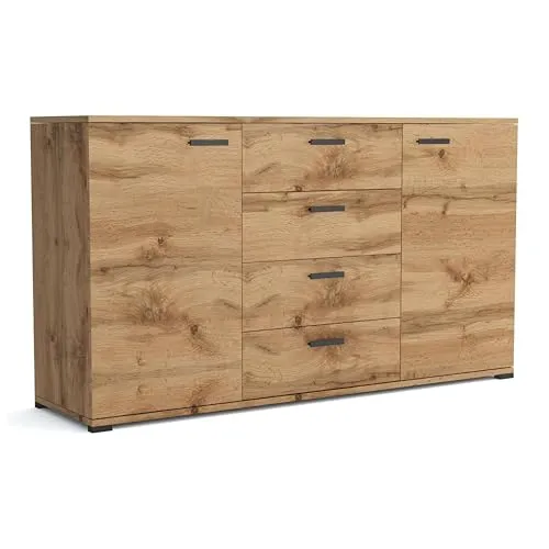 Brent - Kommode mit 4 Schubladen und 2 Turen 150 cm Breit Brixton, Sideboard für Wohnzimmer oder Schlafzimmer, Komodenschrank, Kommode Wotan Eiche
