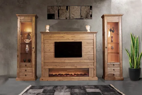 Elegante Wohnwand im Art déco Stil für Ihr Wohnzimmer - Stilvolle Wohnwand aus Holzwerkstoff mit 2 Türen und 6 Schubladen. Inklusive Regalen und Kamin, perfekt zur Aufbewahrung und Präsentation. Maße: 205 x 35 x 170 cm.