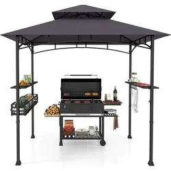 COSTWAY Grillpavillon mit Doppeldach und Stauraum, wetterfest, 242x153x250cm Dunkelgrau