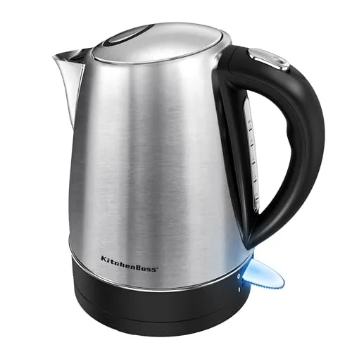 KitchenBoss Wasserkocher 1,7L Edelstahl：Elektrischer Wasserkocher mit Kalkfilter, mit Sichtbares Fenster & Wasserstandsanzeige, Abschaltautomatik und Trockengehschutz, 2100W