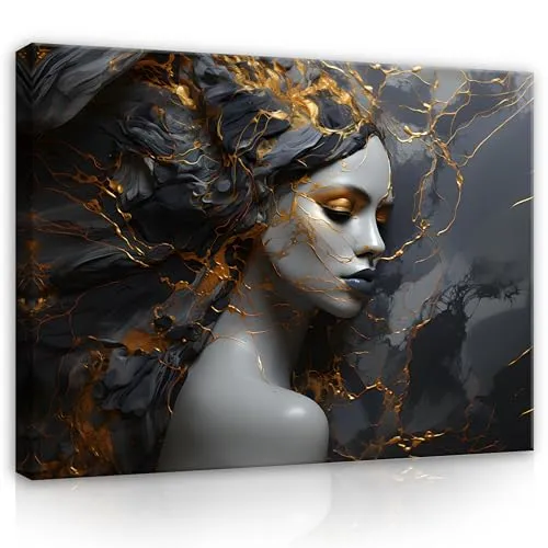 WallArena - Leinwand Bilder - Frau Abstrakt Marmor Gold Schwarz - 100x75 cm Leinwandbilder - Bild auf leinwand - Wandbild XXL groß Wandbilder für Wohnzimmer Schlafzimmer Wohnzimmerbilder Modern