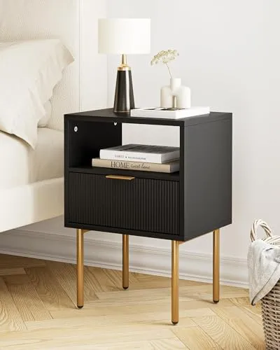 HEYZOEY Nachttisch, Nachtschrank mit 1 offenen Ablagen und 1 Schublade, Modern Nachtkästchen, Boho Nachtkommode für Schlafzimmer, Wohnzimmer, Schwarz und Gold