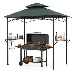 COSTWAY Wetterfester Grillpavillon mit Doppeldach und Seitenregalen - Geräumiger Grillpavillon (240 x 151 x 255 cm) aus strapazierfähigem Polyester und stabilem Metallrahmen. Ideal für Grillfeste im Freien, mit praktischen Ablagen und Haken für Grillutensilien.