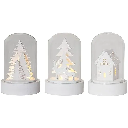 EGLO LED Weihnachtsdeko, 3er-Set Deko-Glasglocken, Winterlandschaft batteriebetrieben mit Licht, Tischdeko Weihnachten aus weißem Holz und Glas, warmweiß, 5,5 x 8,5 cm