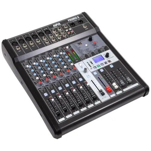HPA Promix 8 8-Kanal analoges Mischpult mit 6 XLR-Mikrofoneingängen, USB 2.0 24-bit/48 kHz, integrierter DSP 24 Effekten, Bluetooth und MP3-Wiedergabe via USB/SD, Aufnahme auf HDD/SD, XLR Main Out