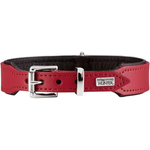 HUNTER Hundehalsband BASIC, Farbe: rot/schwarz, Pflegeleichtes Spaltleder, Raffinierte Nahtführung, Dezentes Design, Größe: 37