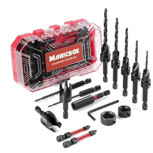 Magicbox M2 Cobalt HSS Senkbohrer Set 15-tlg, Profi Kegelsenker Set mit Magnetischem Schnellwechselsystem & Präzisem Tiefenanschlag für Holz Inkl.Aufbewahrungsbox für Holzbearbeitung, Bohrwerkzeuge