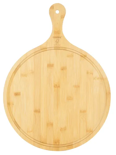 Cozze Pizzaschneidbrett mit Griff Ø350 mm - Küchenzubehör: Hochwertiges Bambus-Pizzaschneidbrett mit Fettrille und glatter Rückseite, ideal zum Servieren von Pizza, Snacks und Desserts – perfekt für jeden Anlass!